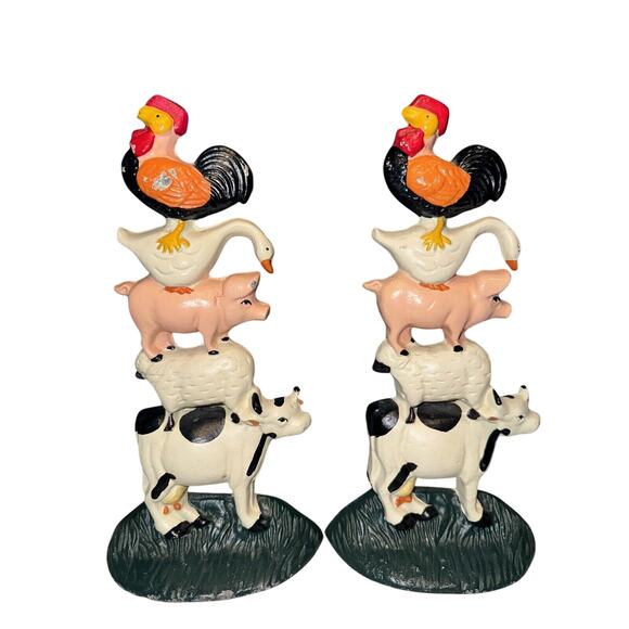2 Vintage Cast Iron Bookends Door Stopper Farmhouse Cow Pig Duck Rooster Sheep - Picture 1 of 10